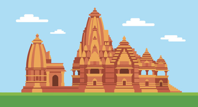 Ancient Khajuraho temple complex landscape, historic Madhya Pradesh tourism landmark design, famous Indian architectural heritage symbol, holy religious art view.
