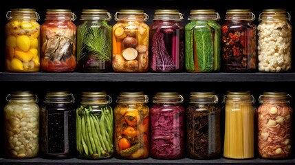 Various jars filled with different types of preserved food are arranged neatly on shelves. The jars contain a mix of vegetables herbs and sauces showing variety.
