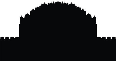 Ancient Hawa Mahal Jaipur palace silhouette icon, historic Rajasthan royal architecture symbol, famous Indian tourism landmark design, old cultural heritage art sign. © VectaNoor