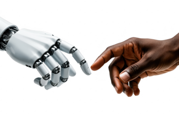 A symbolic depiction of human and robot hands reaching out for a futuristic connection isolated on transparent background
