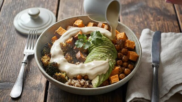 Healthy food bowl with vegetables and avocado on wooden table