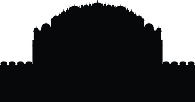 Ancient Hawa Mahal Jaipur palace silhouette icon, historic Rajasthan royal architecture symbol, famous Indian tourism landmark design, old cultural heritage art sign.