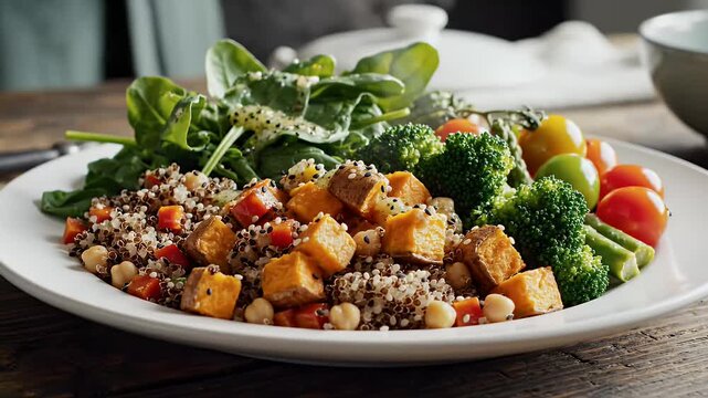 Healthy vegetable plate with quinoa and fresh salad ingredients