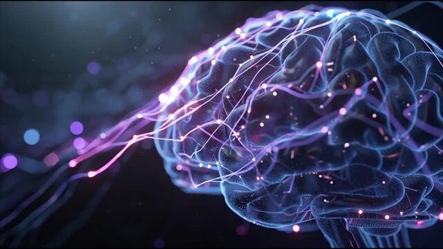 Brain activity neural network connections glowing purple blue wires synapses firing sparks dark desi