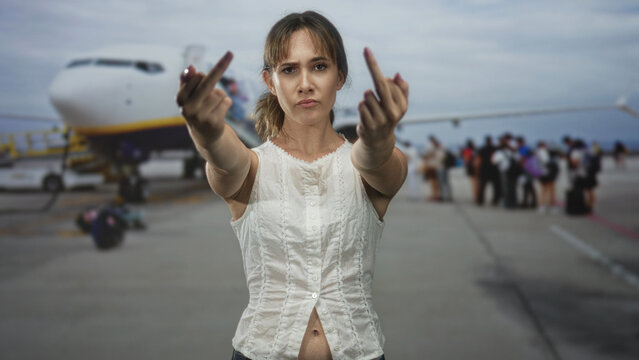 Young woman flipping middle fingers on airport tarmac near passenger jet and boarding queue; defiance protest travel.