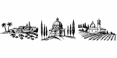 Fototapeta premium Italian landscapes sketches of charming towns vineyards and iconic architecture