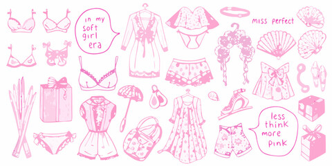 Aesthetic pink doodles of lingerie dresses accessories and playful text
