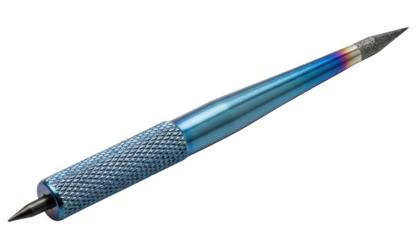 Blue anodized metal scriber tool with sharp diamond marking tip on isolated background