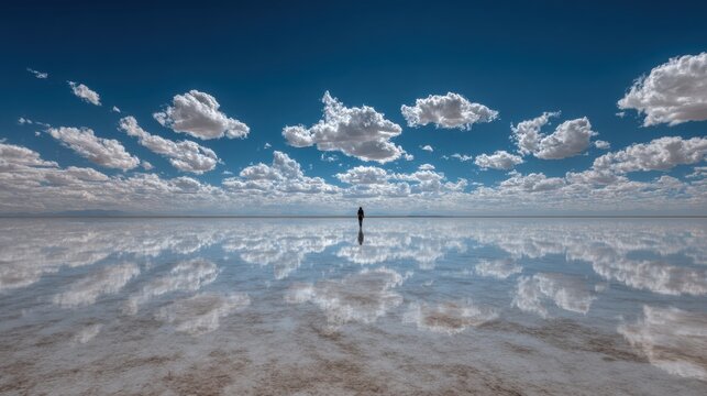 Reflective Horizon: Lone Figure Contemplates Sky's Mirror on Vast Salt Flats