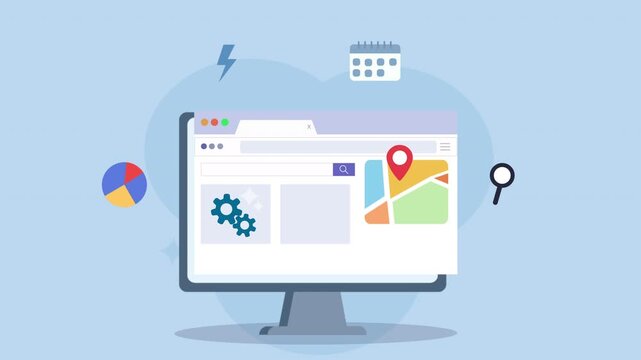 Computer screen displaying website with map and analytics icons.