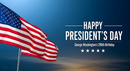 Waving american flag proudly displayed against a deep blue patriotic sky celebrating george washington's birthday holiday greeting