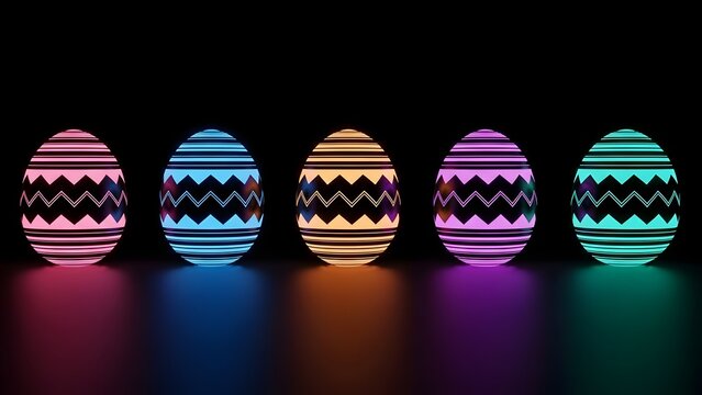 Colorful Easter Eggs with Zigzag Patterns on Black Background colorful eggs neon colors