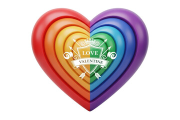 Vibrant 3d rainbow heart with 'love valentine' emblem celebrating diverse affection isolated on transparent background