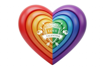 Vibrant 3d rainbow heart with 'love valentine' emblem celebrating diverse affection isolated on transparent background