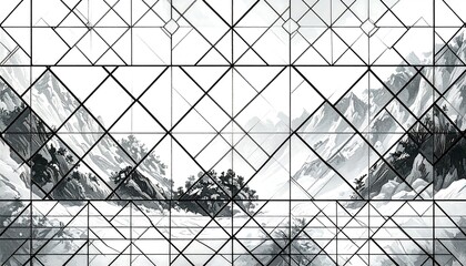 Monochrome mountain landscape viewed through a complex geometric grid of triangles and diamonds.