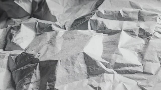 Close-up, abstract view of crumpled, textured white paper creating sharp angles and shadows