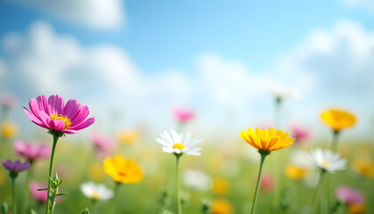 Fototapeta premium Vibrant field of wildflowers blooming under a bright blue sky with fluffy clouds