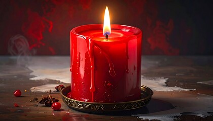 A burning crimson candle sits on a decorative brass plate, surrounded by spices and wax