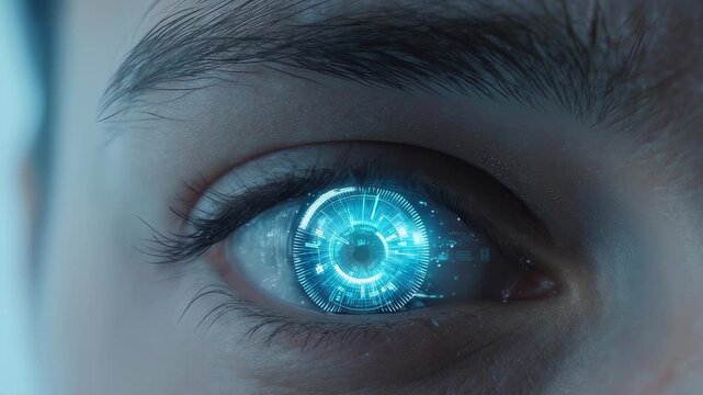 Close-up of a human eye with a futuristic, glowing digital iris