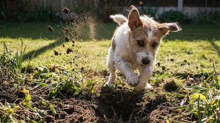Playful dog digging in garden soil on sunny day  