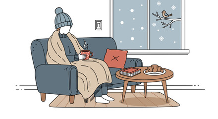 Fototapeta premium Woman Relaxing on Sofa with Hot Drink on Snowy Day