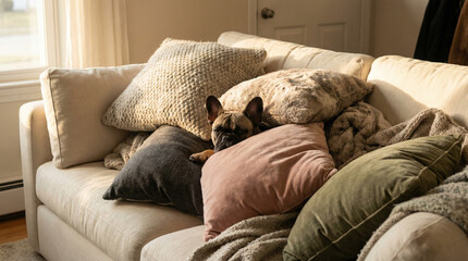 Dog resting among soft pillows and blankets on a cozy sofa  