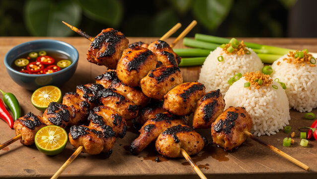 Grilled Filipino chicken inasal on a stick with annatto oil glaze served with rice
