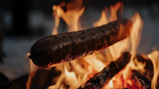 A dark, juicy sausage sizzles over a crackling open fire