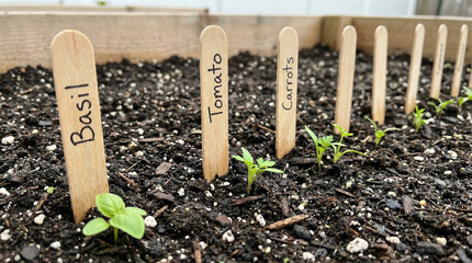 Seedlings labeled with wooden markers in garden bed with soil  