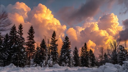 Fototapeta premium Serene Winter Sunset Casting Long Shadows Over Vast Snowy Field
