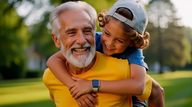 Cheerful senior grandfather giving a piggyback ride to a laughing grandson in a sunny green park, illustrating active retirement and multigenerational family bonding.