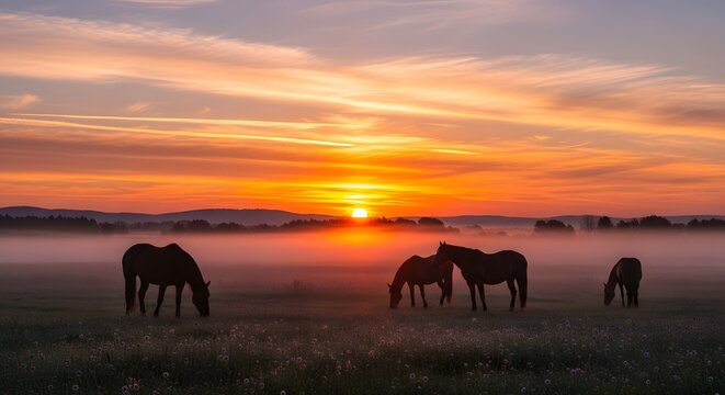 A silhouette of wild horses grazing in a nature landscape during a sunset sky over a beach meadow