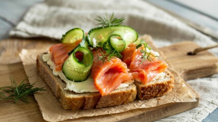 Danish cuisine. An open sandwich is a mess. Fresh cucumber with smoked salmon on a slice of bread and butter and decorated with strips of fresh cucumber.