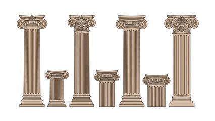 Obraz premium Selection of classical greek and roman architectural columns and pedestals in different heights and decorative ornate styles.