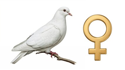 Obraz premium White dove perched on branch beside golden female gender symbol in realistic illustration on white background