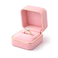 Open pink velvet ring box displaying a sparkling diamond engagement ring on a clean white background