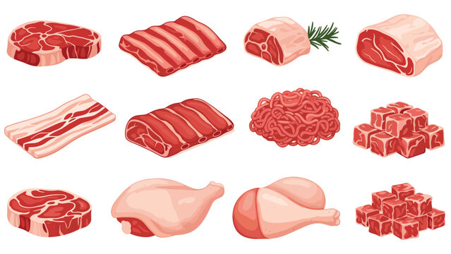 Comprehensive set of raw meat cuts including steak, ribs, bacon, minced meat, and whole chicken legs for cooking.