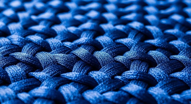 Intricate pattern of tightly woven blue textile threads fills the frame with shallow depth of field.