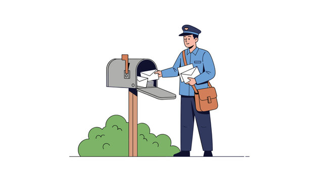Friendly postman in a blue uniform placing letters and envelopes into a standard residential metal mailbox near a green bush.