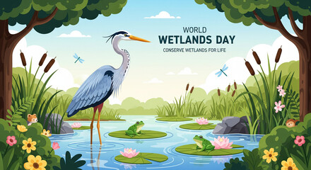 World wetlands day illustration showing heron bird standing in clean water marsh pond with frogs lotus flowers trees promoting nature conservation awareness
