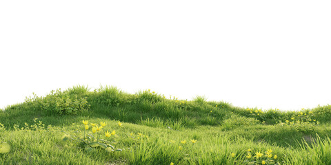 Verdant Hill Blooming with Yellow Flowers in Spring. 3D render.	
