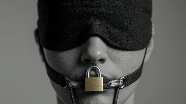 Close-up on face covered by blindfold and gagged with a padlock