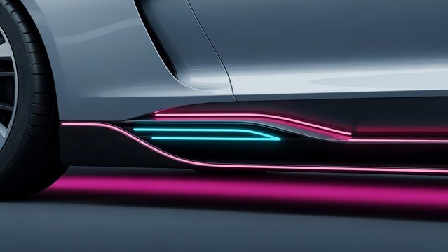 Futuristic car side panel with neon lights and sleek design. - Powered by Adobe