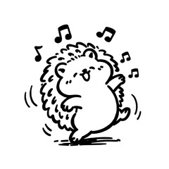 cute cartoon hedgehog dancing with music notes, playful black white illustration of joyful funny animal character isolated on white background.
