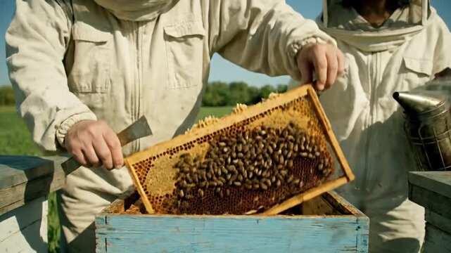 Beekeepers Inspecting Honeycomb Frame with Active Bees in Apiary Outdoors