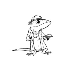 Naklejka premium Lizard Detective Wearing Hat Holding Magnifying Glass and Tray