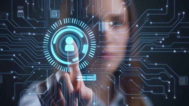 Person Touching Digital User Profile Icon in Futuristic Interface for Cybersecurity, Identity Access, and Tech Interaction Design