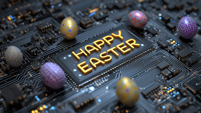 Circuit board design with Happy Easter text in yellow color and decorated Easter eggs, glowing technology theme, festive digital illustration background.