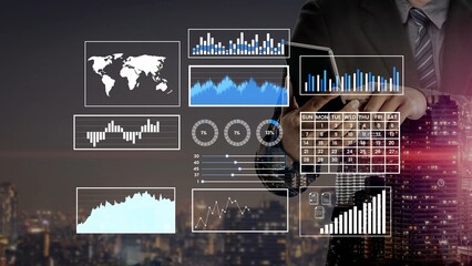 Business Analytics Dashboard with Charts and Graphs Overlooking Cityscape at Night, Visualization of Data Metrics and Information Technology Trends Gluon.