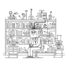 Robot Sitting in Office with Bookshelf and Plants on Head